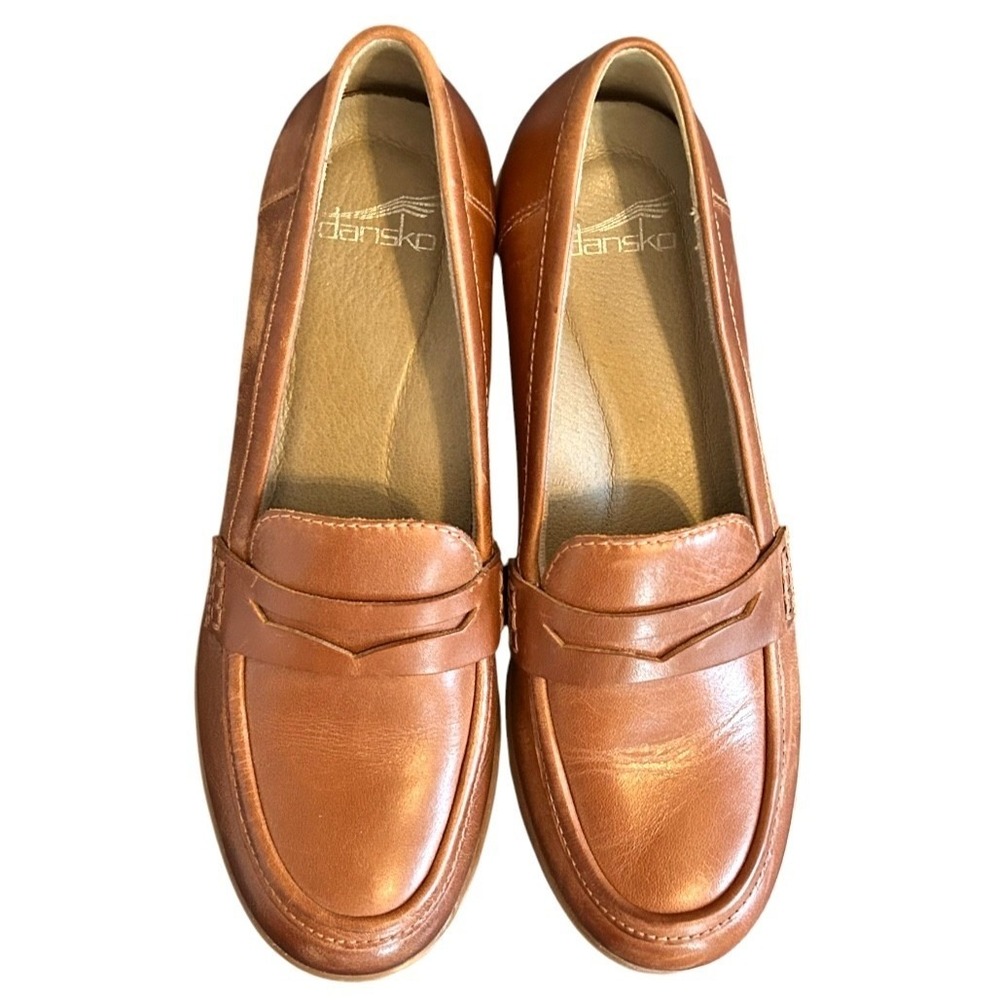 Dansko Danica Penny Loafer 39 8.5 9 Tan Brown Burnished Leather Block Heel Shoes - Picture 3 of 10